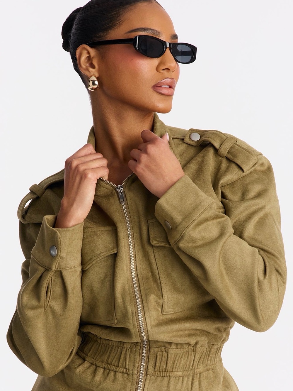 Fashion Nova Olive Suede Cargo Zip-Front Jogger Jumpsuit - XL - Picture 2 of 6